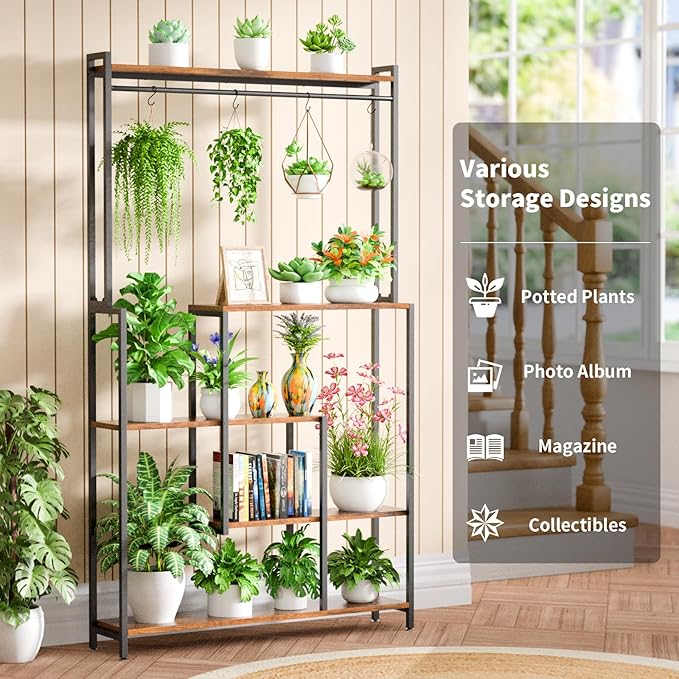Large Plant Stand Indoor with Grow Light , 72" Tall Metal Plant Shelf, 5 Tiers 12 Pots Holder, Heavy-Duty Rectangle Display Rack for Living Room, Patio, Corner