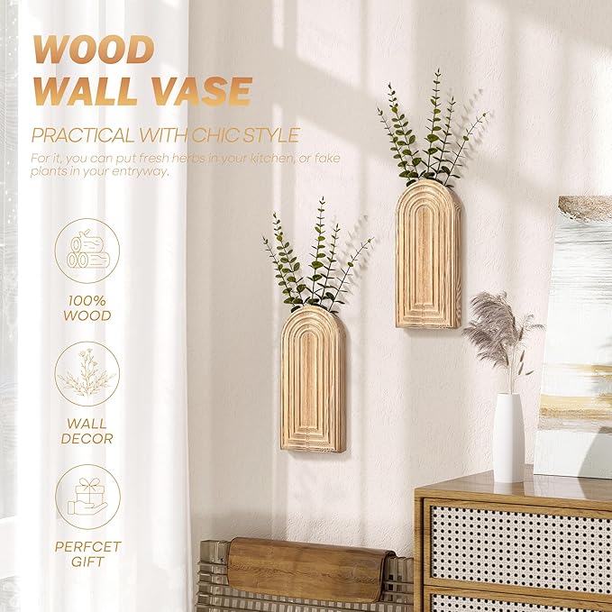 EOSAHR Pine Wood Set of 2 Wall Vases – Farmhouse Wall Decor for Bedroom, Living Room, Bathroom & Office – Hanging Planters for Indoor Plants with Best Boho Decor (Natural Wood)