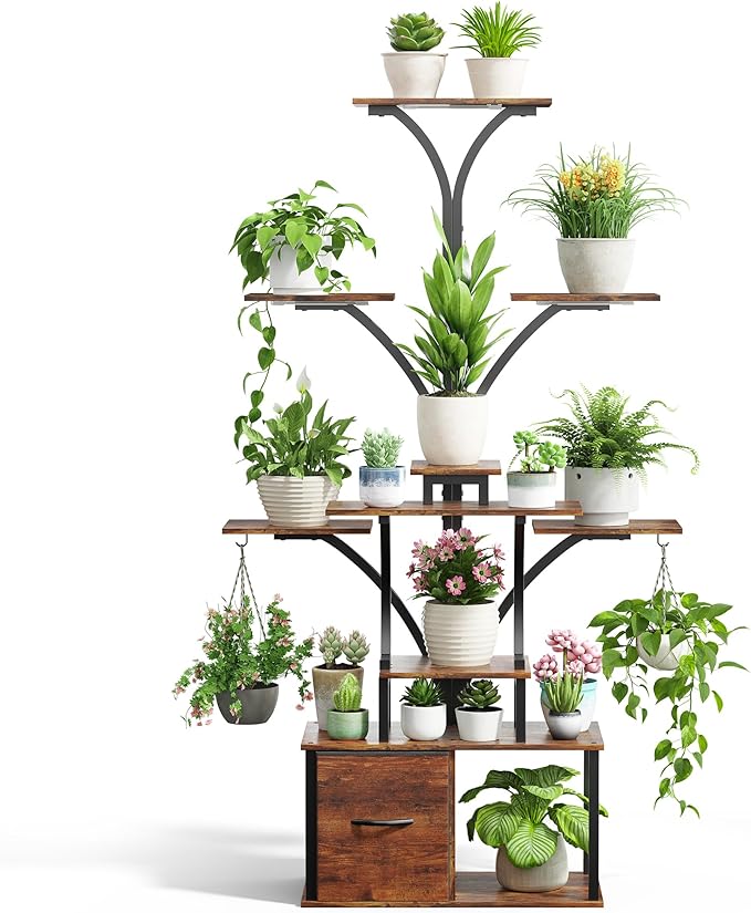 Tree-shaped 63" Tall Plant Stand Indoor with Grow Light 3 Color Modes - 10 Tiered Plant Shelf with Drawer, 10 Brightness Levels, Timer, Wide Base, Lighted Corner Plant Stands for Living Room, Balcony