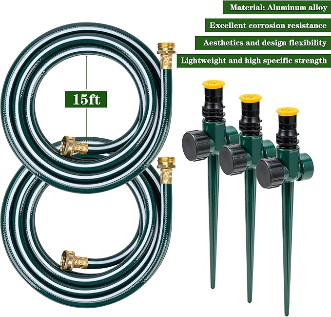 Above Ground Sprinkler System with Metal Spike Base Irrigation System for Garden Multi-Adjustable Lawn Sprinkler Set Ideal for Small Areas Plant and Flower Bed Watering, Two 15ft Green Hose Included
