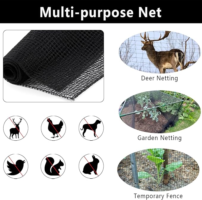 5x65ft Deer Fence Netting, Plastic Mesh Fence Heavy Duty Garden Fence Animal Barrier Garden Netting for Plants Fruit Trees Vegetables Against Deer, Birds, Rabbits, Chickens and Other Animals, Black