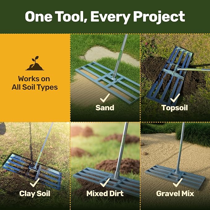 Lawn Leveling Rake 30″ x 10″ – Heavy Duty Carbon Steel Ground Leveler Tool for Yard, Soil, Sand & Grass – Professional Landscape Rake for Lawn, Garden & Golf Course