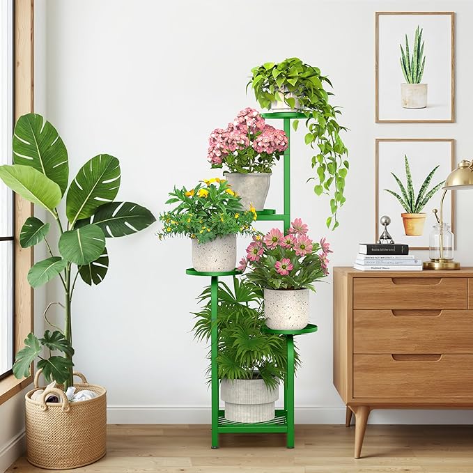 TOSKING 5 Tier Tall Plant Stand Indoor Outdoor, Heavy Duty Corner Shelf for Plants & Christmas Home Decor, Space Saving 3.9FT Metal Flower Pot Stand for Balcony, Garden, Living Room, Patio (Green, 47in)