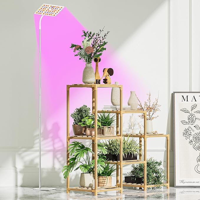 KINGPLUS Grow Lights with Stand, Full Spectrum Growing Light for Indoor Plants, 120 LEDs, 4 Dimmable Levels, Timer 4/8/12h, 12-60inches Height Adjustable,18w, Ideal for Desk Small Plants