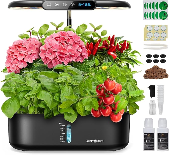 Ahopegarden Hydroponics Growing System kit: 12 Pods Indoor Herb Garden with Smart Environmental Detection - Full Spectrum LED Grow Light for Growing Vegetables，Herbs and Lettuce - Home Gardening