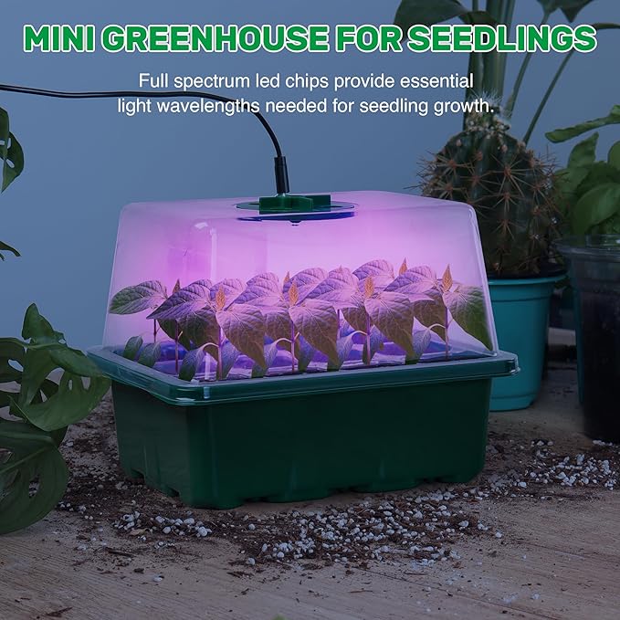 Bonviee 5 Packs Seed Starter Tray with Plant Light, Elevated Seedling Starter Trays Kits with Adjustable Humidity Domes and Clear Cell Tray, 12 Full Spectrum led lamp Beads for Plants Indoor-Green