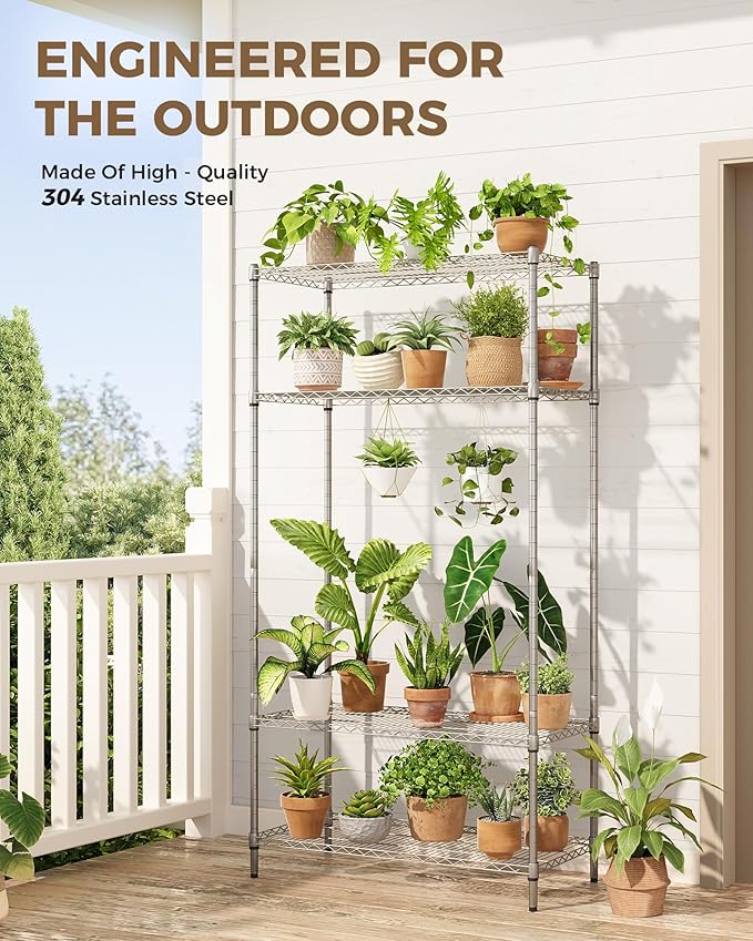 Plant Shelf Large Plant Stand Indoor Outdoor 4 Tier Metal Shelving for Plants Heavy Duty Metal Plant Stand Storage Shelf DIY Adjustable Plant Stands Sturdy Space Saving 3000lbs Tall Outdoor Plant Holder for Greenhouse Balcony Garden Patio