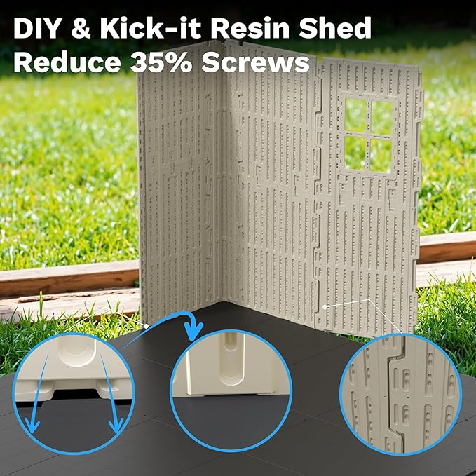 Devoko 8 x 10 FT Plastic Outdoor Storage Shed with Floor, Garden Resin Tool Sheds with DIY Window and Lockable Door, Beige Kick-it Shed for Patio, Backyard, Lawn