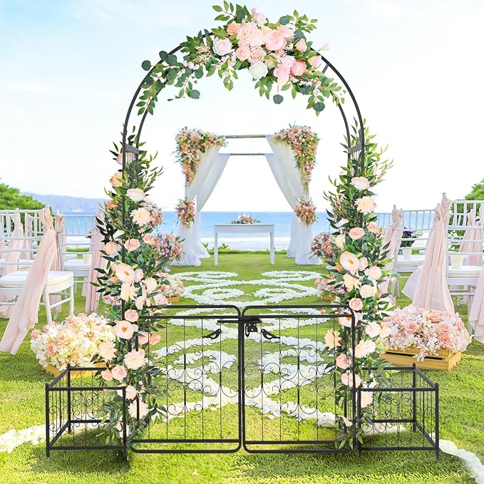 Garden Arbor with Gate and Planter, 7FT Wedding Arches for Ceremony, Metal Arbor Trellis for Climbing Plants Outdoor, Black Garden Archway for Lawn, Patio and Backyard, Includes Ground Stakes