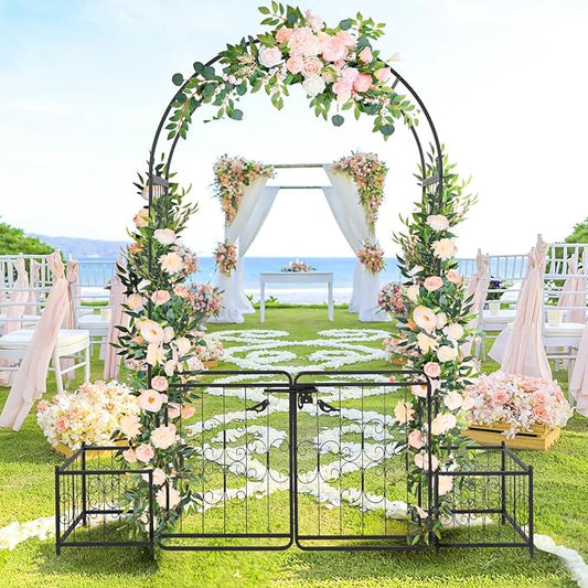 Garden Arbor with Gate and Planter, 7FT Wedding Arches for Ceremony, Metal Arbor Trellis for Climbing Plants Outdoor, Black Garden Archway for Lawn, Patio and Backyard, Includes Ground Stakes