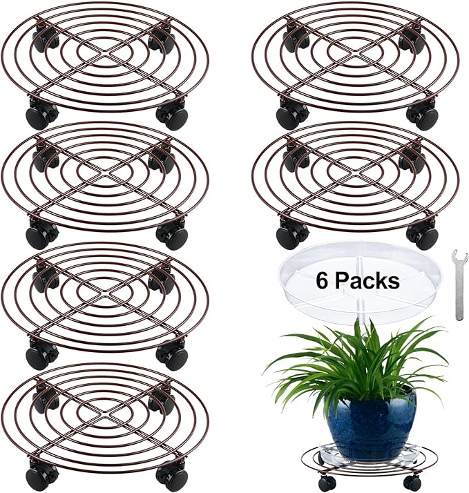 6 Packs Large Metal Plant Caddy with Wheels 13" Rolling Plant Stands Heavy-duty Wrought Iron Plant Roller Base Pot Movers Plant Saucer on Wheels Bronze