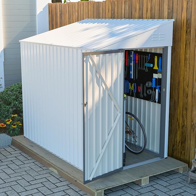 4x7 FT Outdoor Storage Shed,Lean to Lockable Metal Garden Shed Steel with Reinforced Beams,All Weather Waterproof Storage House W/Lockable Door&2 Air Vents,for Backyard,Patio,Lawn,Garden,White