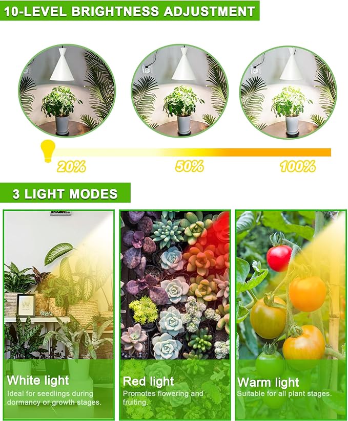 Arikashi Hanging Grow Light, LED Growing Light Full Spectrum for Indoor Plants，4/8/12H Timer, Height Adjustable Grow Lamp for Large Plants