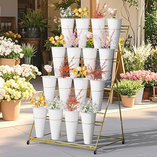 Flower Display Stand, 4 Layers Plant Stand with 4 Wheels and 16 Large Capacity Round Buckets, Easy to Install, Moving Bouquet Shelf for Indoor & Outdoor, Wedding, Hotel, Florist, Garden (4 Layers Golden White)