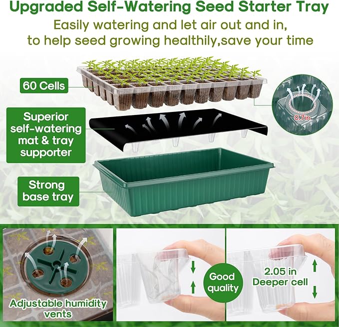 BlumWay Self-Watering Seed Starter Tray Kit with Grow Light and Humidity Dome, 3 Color Growing Light,120-Cell Plant Seedling Tray,Reusable Germination Trays,Adjustable/Timed Light Plant Starter Set