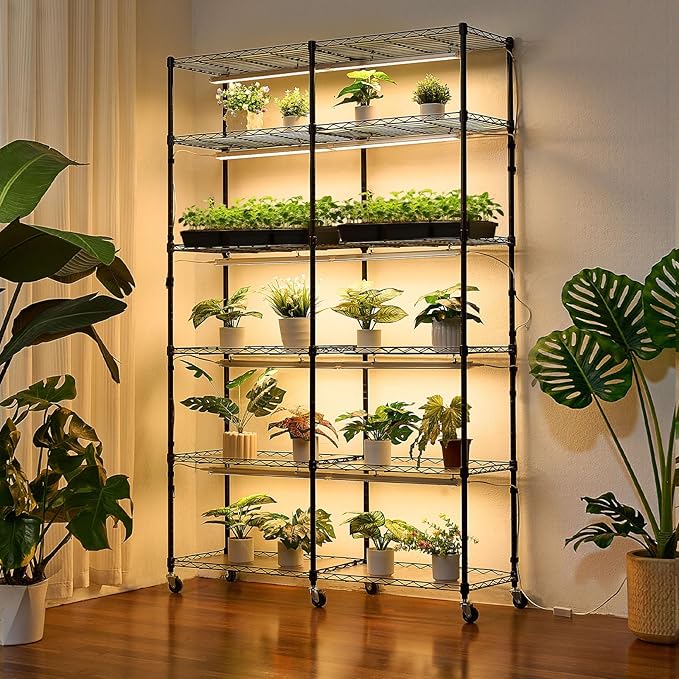 VEVOR Plant Shelf with Grow Light, 6-Tier Double-Row Plant Stand, 71in Tall Indoor Plants Display Rack with Wheels & Timer, 200W Full Spectrum Grow Lights, Metal Flower Pot Holder for Seed Starting