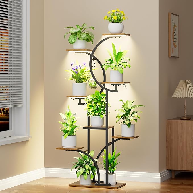 Plant Stand Indoor with Grow Lights, 63'' Tall Plant Shelf Indoor, 7 Tiered Corner Shelves for Indoor Plants Multiple, Large Plant Holder Flower Stands Rack, Double C-Shaped for Home Décor, Patio