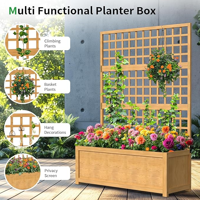 SUNYRISY Raised Garden Bed with Trellis, Wooden Vertical Planter Box with Privacy Screen Outdoor for Climbing Plant Vine Flowers Vegetables, Planter with Hanging Roof and Drainage Holes