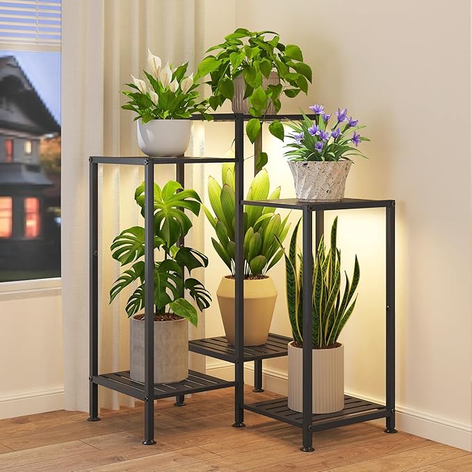 iDavosic.ly Indoor Plant Stand with Grow Light, Metal 6 Tier Corner Flower Holder Shelf Outdoor for Large Pots, Tall Rack for Patio Porch Balcony Living Room, Black