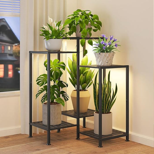 iDavosic.ly Indoor Plant Stand with Grow Light, Metal 6 Tier Corner Flower Holder Shelf Outdoor for Large Pots, Tall Rack for Patio Porch Balcony Living Room, Black