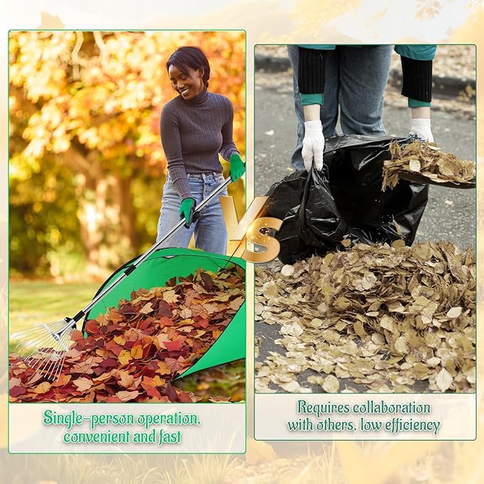 Leaf Rake for Lawns with 70 Gallon Large Foldable Leaf Bags, Heavy Duty Metal Garden Yard Rake Long Handle Garden Gloves for Gardening Outdoor Camping Shrub Grass Bush