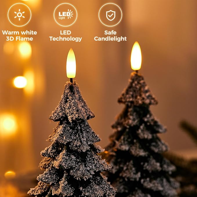 Christmas Tree Candles Covered in Snow with Remote, 2 Pcs Waxy LED Flameless Candles Flickering, Green Electric Candles Battery Operated for New Year Celebration Holiday Decorations 8.5 Inches