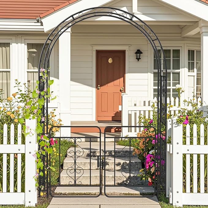 Moccha Garden Arch, 84" Arbor Trellis with Lockable Gate for Climbing Plants, Roses, Vines, Outdoor Pergola Archway, Heavy-Duty Garden Arbor for Lawn Patio Bridal Party Decoration Pathway Ceremony