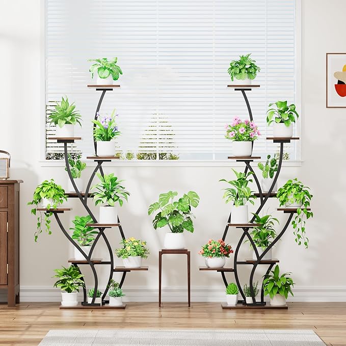 Plant Stand Indoor with Grow Lights - Lighted Plant Shelf Indoor Tall, 61" 9 Tier Large Plant Stands for Indoor Growing, 2 Pack Corner Flower Shelf, Winged Metal Holder for Home Living Room, Black