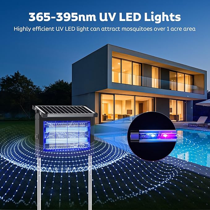 Solar Bug Zapper Outdoor with Projector Lights, Mosquito Zapper Waterproof Electric Fly Zapper Rechargeable with 10W Solar Panel, 4500V Cordless Fly Trap for Backyard, Patio, Garden, Camping