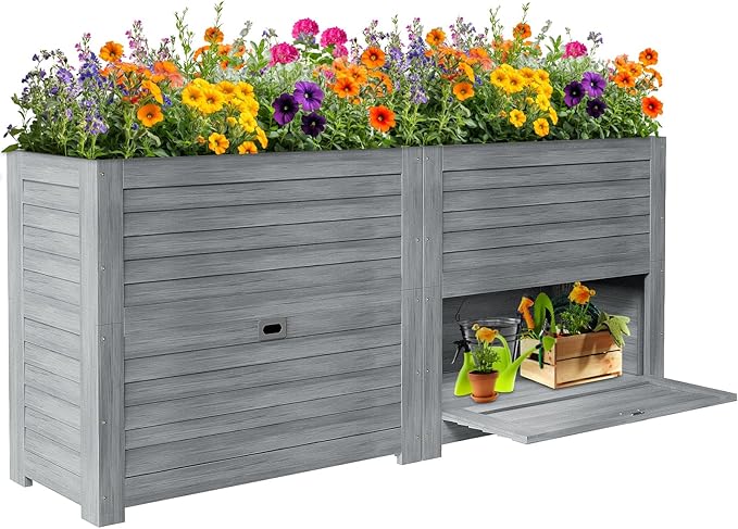 SUNYRISY 2Pack Wooden Raised Garden Bed with Storage Box, 34" L x 18" W x 30" H Elevated Large Garden Planter Box for Planting Herb Vegetable Flower Outdoor Indoor, Grey