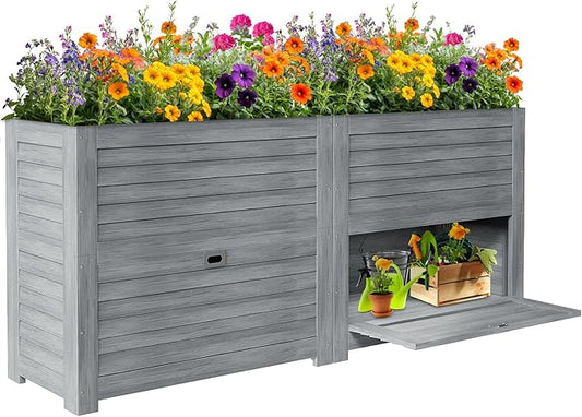 SUNYRISY 2Pack Wooden Raised Garden Bed with Storage Box, 34" L x 18" W x 30" H Elevated Large Garden Planter Box for Planting Herb Vegetable Flower Outdoor Indoor, Grey