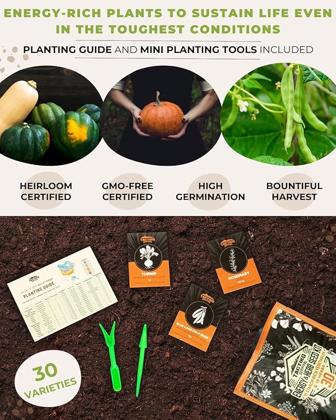 Tactiko Survival Ultimate Energy Seed Kit - 30 Calorie-Dense Veggies & Popular Herbs - USA-Grown Non-GMO Heirloom Seeds - Mylar-Bag for Long-Term Storage, Emergency Food Supply Gardening