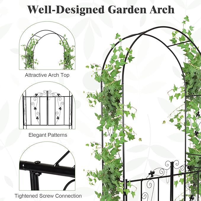 Metal Garden Arch with Gate - Garden Arbor with Gate, Garden Arbor Trellis w/Door for Climbing Plants, Rose, Vine, Wedding, Garden Trellis Arch for Outdoor, Lawn, Backyard, 7'H X 3.6'W, Black