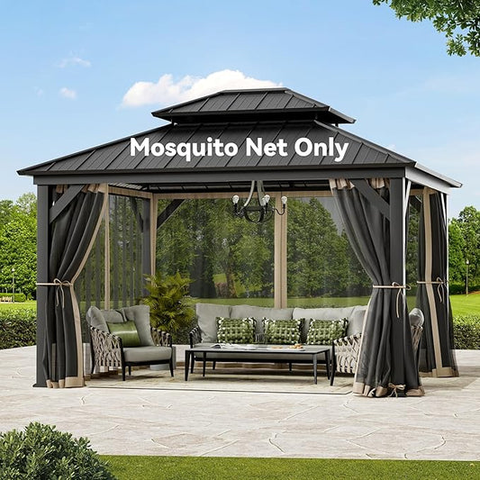 Gazebo Mosquito Netting Replacement Universal 4-Panel Sidewalls 11' x 13', Outdoor Gazebo Mosquito Nettings with Double Zipper, Replacement for Patio Canopy, Garden (Mosquito Net Only)