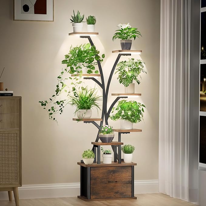 Plant Stand with Grow Light - 9 Tiered Plant Stand Indoor with Storage Drawer for Indoor Plants, 65" Tall Plant Shelf with Grow Light, Curved Corner Plant Shelf Indoor for Living Room, Patio Decor