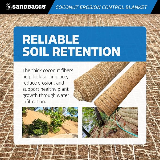 Sandbaggy Coconut Erosion Control Blanket – 3.75 ft x 120 ft Coir Mat for Soil Retention, Slope Stabilization, Plant Growth & Ground Cover – Ideal for Hillsides & DOT Projects - 1 Roll (450 sq ft)