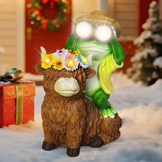 for Women Solar Frog Sitting on Highland Cow Statue with Flower Outdoor Garden Decor,Highland Cow Gifts for Women Mom,Frog Figurine Decorative LED Lights for Yard Patio Porch Lawn