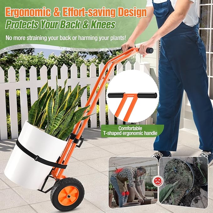 Plant Caddy with Wheels, Heavy Duty Plant Dolly Cart with Adjustable Grabbing Arm and Suction Cups for Plant Pots, Garden Pot Mover Trolley Cart with Strap, Ideal for Indoor and Outdoor Use, Orange
