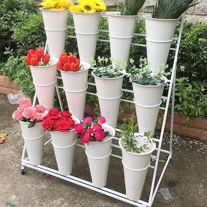Flower Display Stand with 12pcs Plastic Buckets Iron Plant Stand with 4 Universal Wheel, 3-layers Metal Moving Florist Bouquet Shelf for Fresh Flower Shop (WHITE)