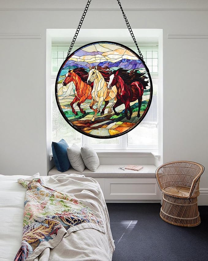 Stained Glass Window Hanging, Galloping Horses Sun Catcher for Door Home Decor Colorful Suncatcher Christmas Mother's Day Birthday Gifts for Women Men Mom and Nana 15 in