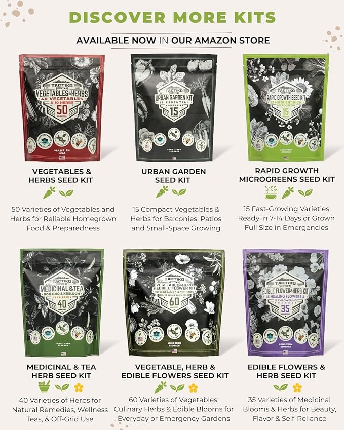 Tactiko Survival Ultimate Energy Seed Kit - 30 Calorie-Dense Veggies & Popular Herbs - USA-Grown Non-GMO Heirloom Seeds - Mylar-Bag for Long-Term Storage, Emergency Food Supply Gardening