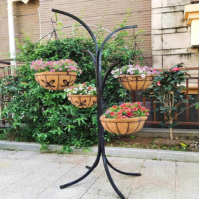 Outdoor Metal Hanging Planters Basket (2pack, 12 inch) Hanging Baskets for Plants Chain Round Wire Plant Holder with Coco Fiber Liners for Garden, Patio, Deck, Porch(Flower Border)