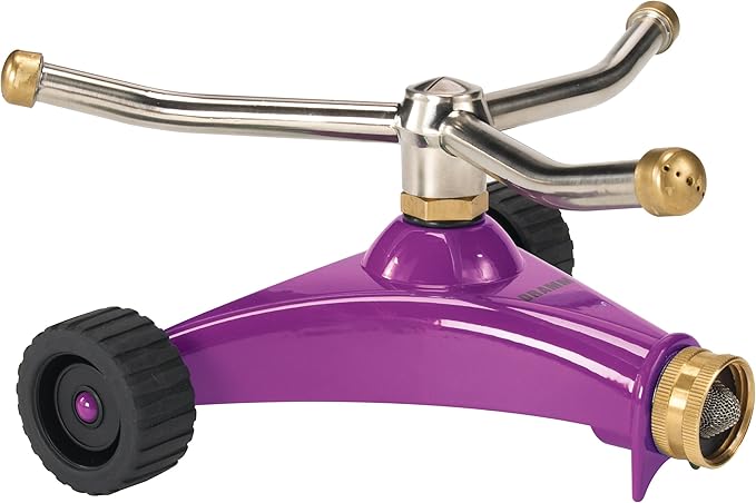 Dramm ColorStorm 3 Arm Whirling Sprinkler on 6" Wheeled Heavy Duty Metal Base, for Lawn, Yard, Garden and Large Area, Berry, 70 Ft Diameter Reach