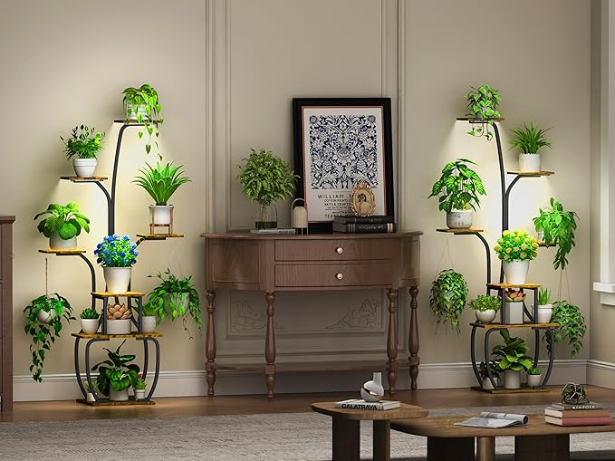 Plant Stand Indoor with Grow lights, 55" Tall 7 Tiered Large Plant Shelf for Indoor Plant Vase-Shape Rack Plant Pot Holder Gardening for Living Room Corner Black