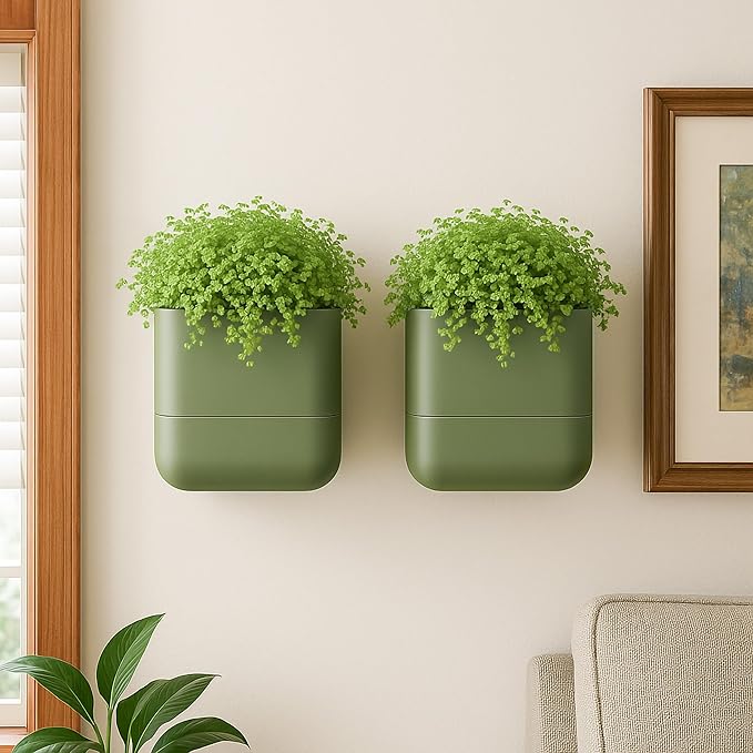 Phoenix Vine 6.5-Inch Wall Mounted Self-Watering Planter Pot for Indoor Houseplants and Herbs | Hanging Planter for Window Sills, Bathroom Walls, Home & Office Décor, Olive, Set of 2, 01-WP-C-2
