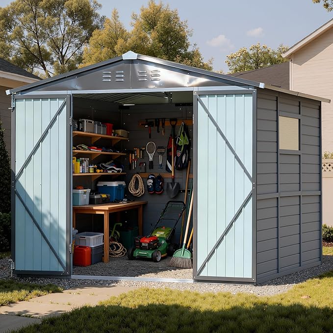 Wood & Steel Shed 8x8ft Outdoor Storage Shed with Waterproof Roof & Wind Resistance, Lockable Double Doors for Garden, Lawn, Patio Organization