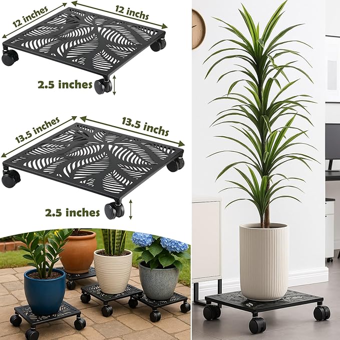 2-pack 12 Inches Square Metal Plant Caddy with Wheels Heavy Duty Large Rolling Plant Stand Indoor Outdoor Wheeled Planter Dolly Cart with Lockable Casters Flower Pot Mover Roller Trolley, Black