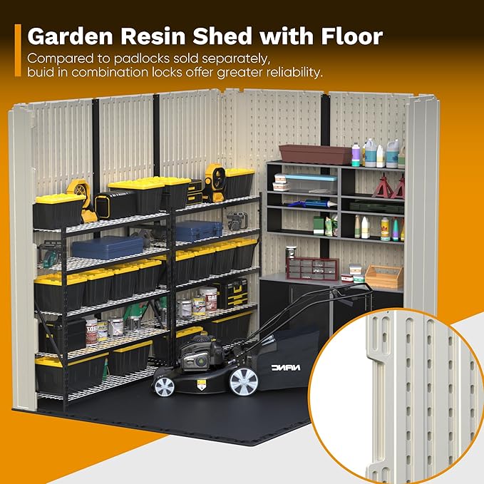 Devoko 8 x 10 FT Plastic Outdoor Storage Shed with Floor, Garden Resin Tool Sheds with DIY Window and Lockable Door, Beige Kick-it Shed for Patio, Backyard, Lawn