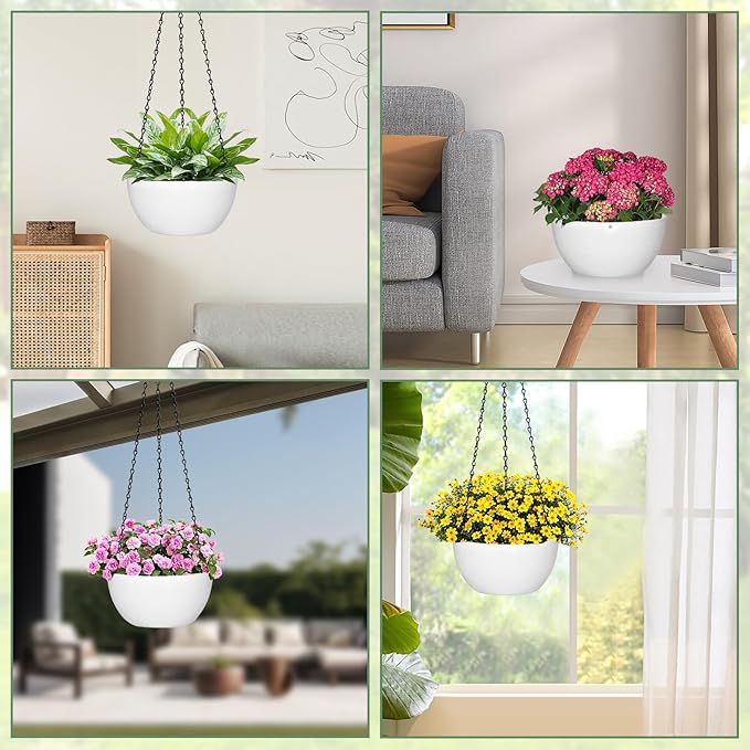8 inch Hanging Planters for Indoor Outdoor Plants, 2 Pack Pots with Drainage Holes and Chain, Plastic Flower Pots for Garden Home Decor, White
