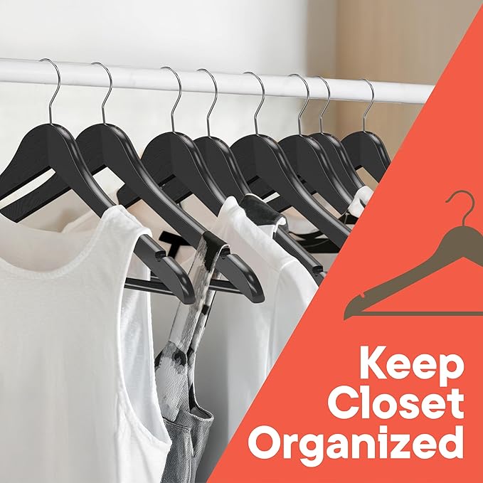Black Wooden Hangers 20 Pack – Heavy-Duty with 360° Swivel Hook, Non-Slip, Pants Bar & Shoulder Grooves - Wooden Hangers for Suits, Jackets, Dresses & Camisoles, Space-Saving and Smooth Finish